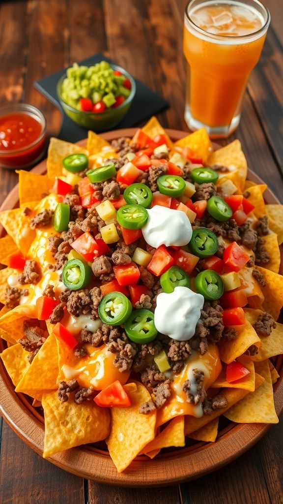 A colorful plate of loaded nachos with cheese, beef, jalapeños, and toppings, served with salsa on a wooden table.